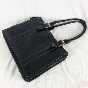 Black Leather Briefcase Around the Block 3 Compartments Zip Pockets Excellent